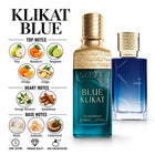 Klikat Blue Eau de Parfum bottle shown alongside its blue gradient packaging box on a white background, with brand text and scent notes ('Top Notes Heart Notes  Base Notes ) printed on the left.
