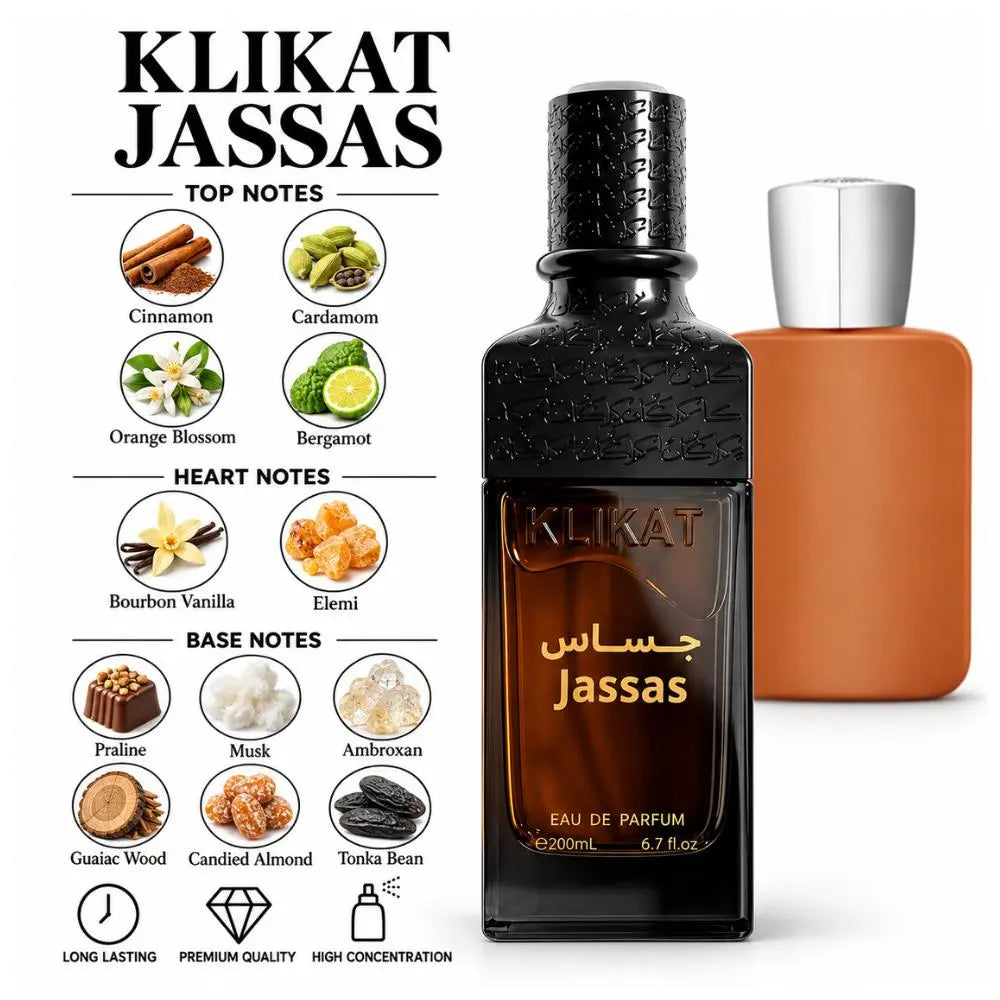 Klikat Jassas Eau de Parfum bottle in a dark amber glass with a black cap, shown next to an orange bottle with a silver cap. The left side features a detailed infographic with top notes (cinnamon, cardamom, orange blossom, bergamot), heart notes (bourbon vanilla, elemi), base notes (praline, musk, ambroxan, guiac wood, candied almond, tonka bean), and product benefits.