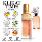 Klikat Times Eau de Parfum bottle shown with a smaller secondary bottle and a detailed notes graphic on a white background. The main bottle is clear glass with peach-colored liquid, a gold cap, and gold lettering.