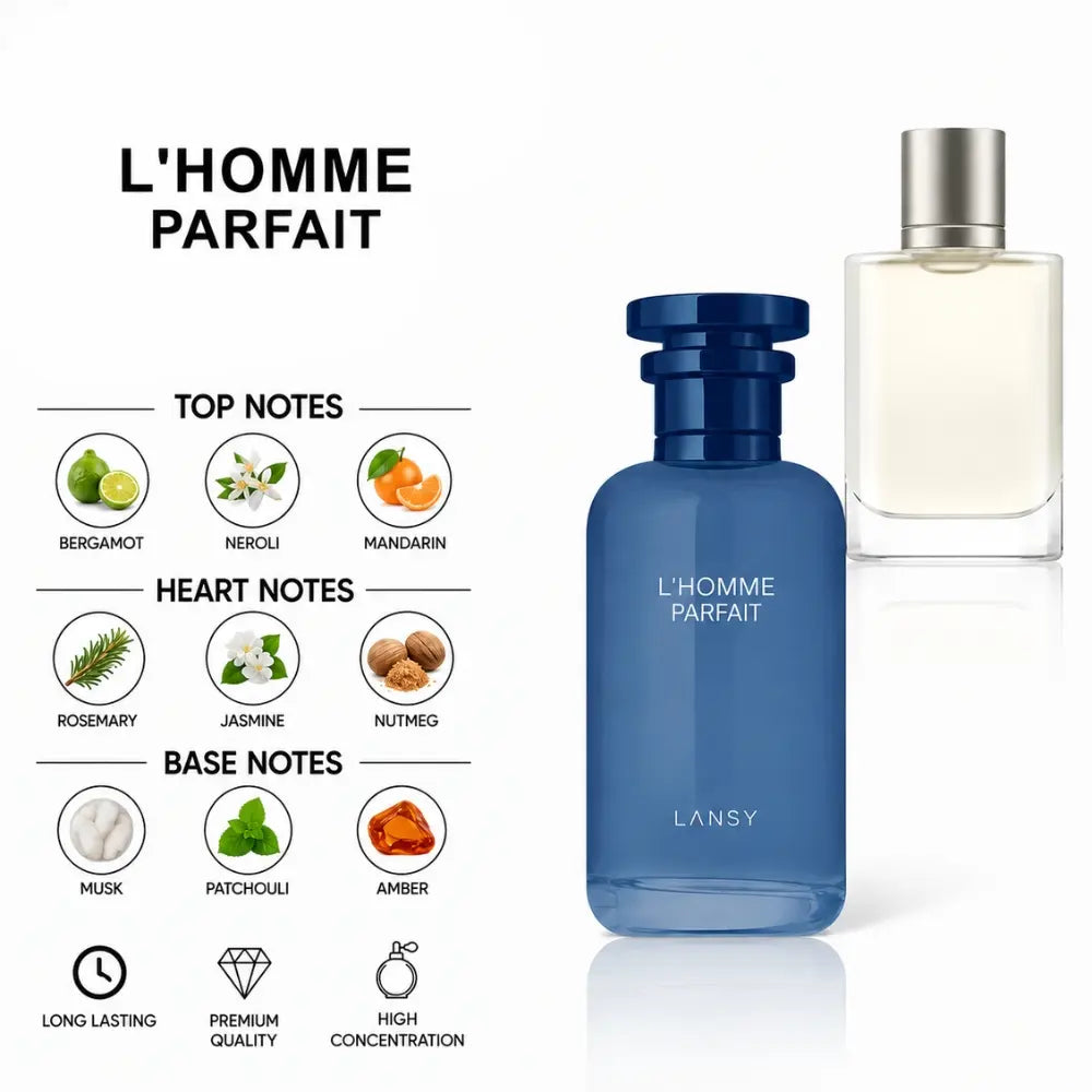 L’Homme Parfait Eau de Parfum by LANSY with Bergamot, Neroli, Mandarin, Rosemary, Jasmine, Nutmeg, Musk, Patchouli and Amber Notes