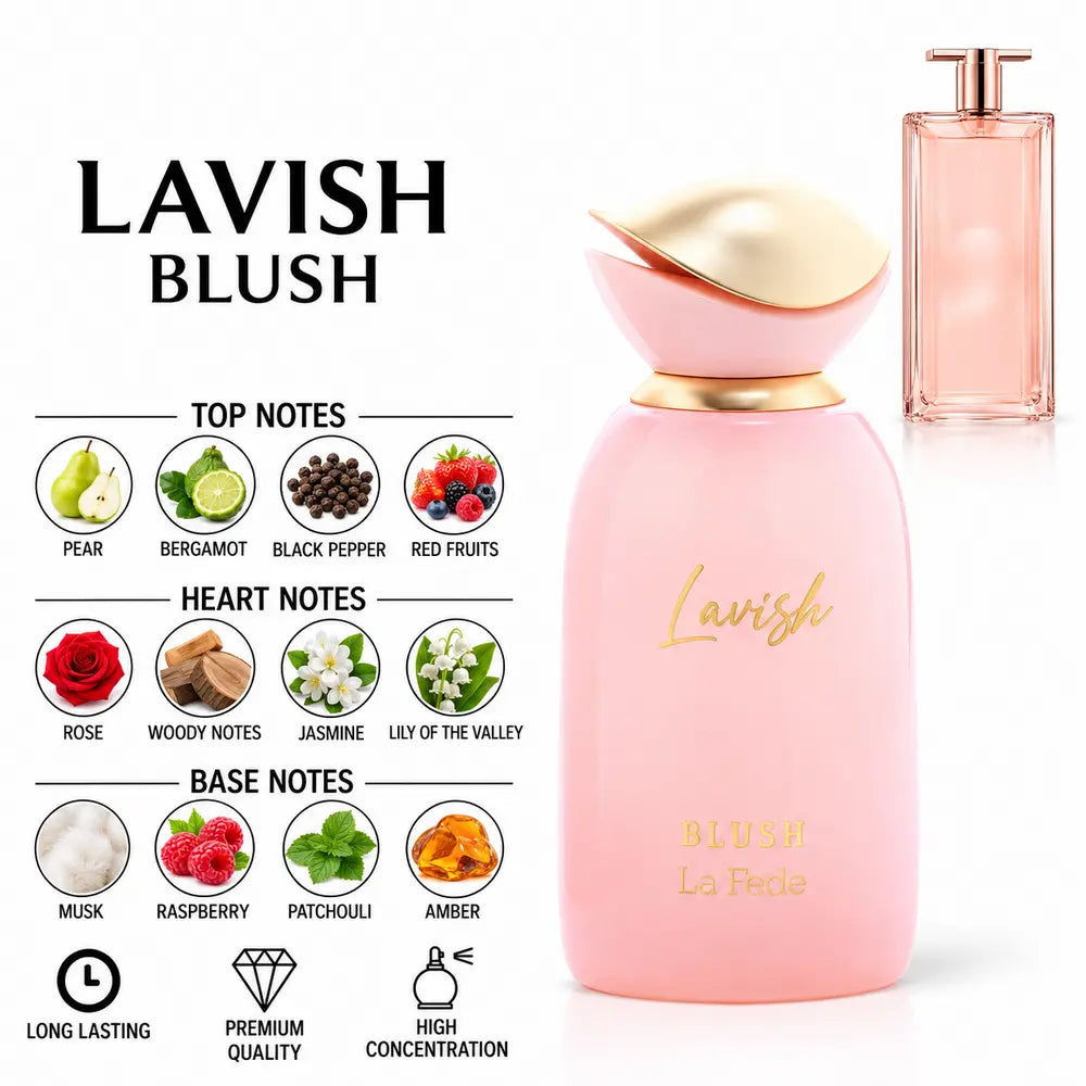 La Fede Lavish blush perfume and unbranded comparison bottle with fragrance notes