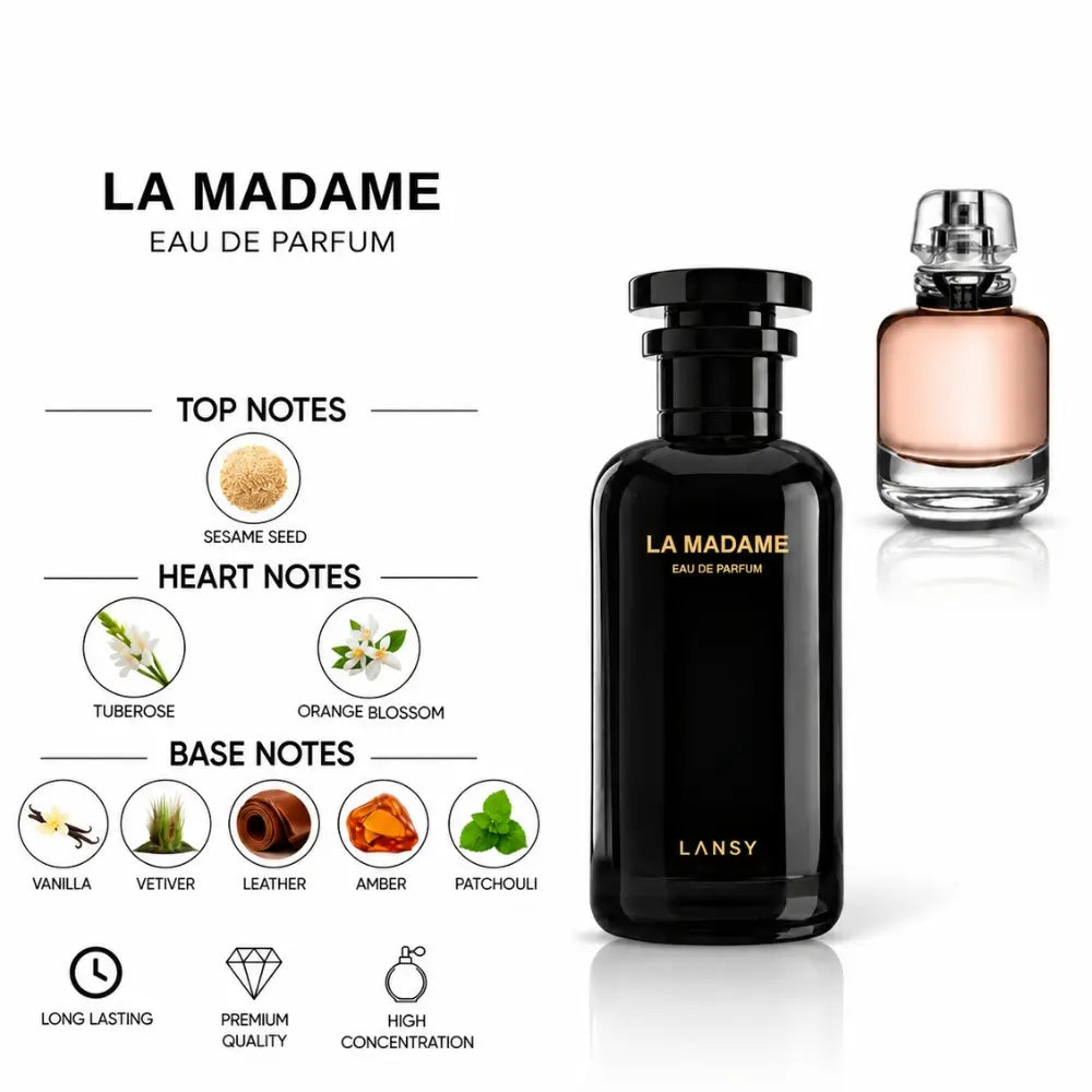 La Madame Eau de Parfum by LANSY with Sesame Seed, Tuberose, Orange Blossom, Vanilla, Vetiver, Leather, Amber and Patchouli