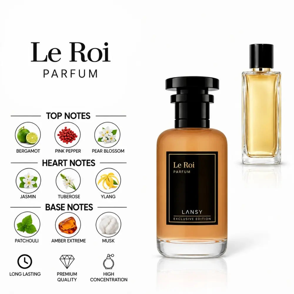Le Roi Parfum by LANSY with Bergamot, Pink Pepper, Pear Blossom, Jasmine, Tuberose, Ylang-Ylang, Patchouli, Amber Extreme and Musk