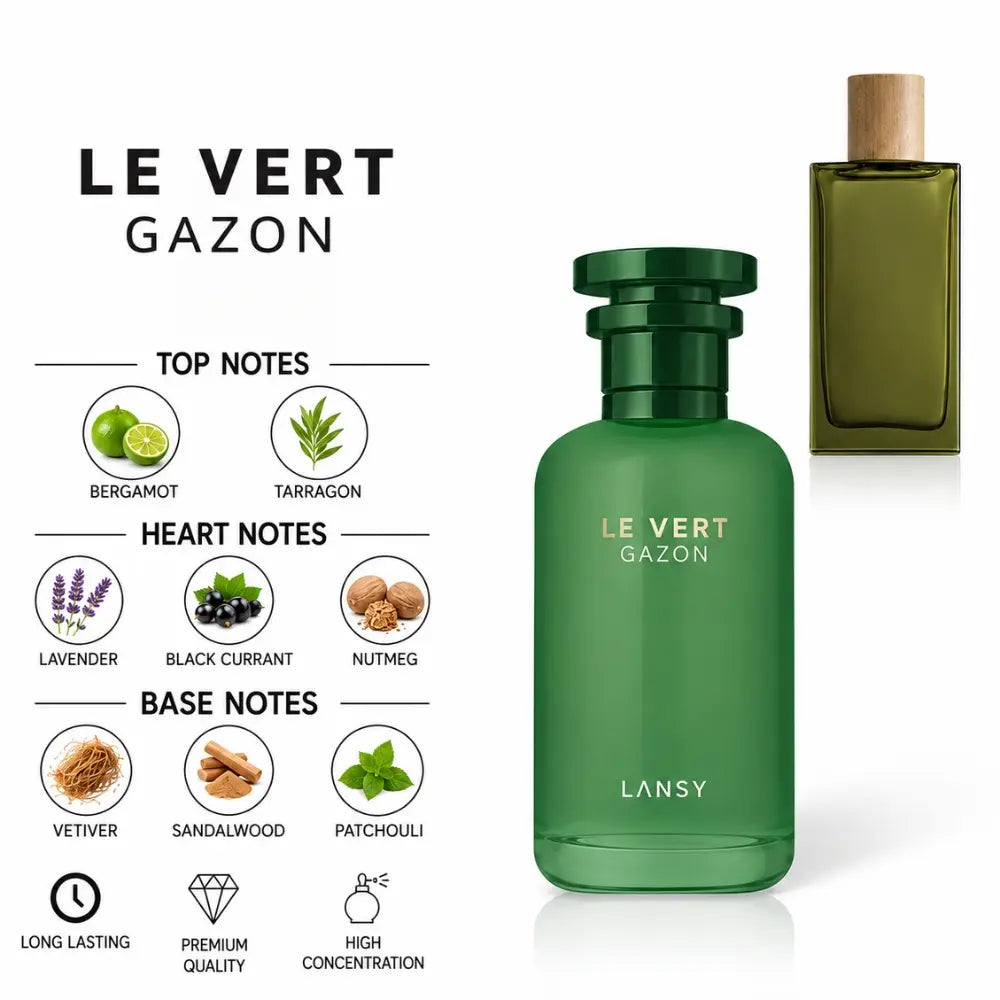 Le Vert Gazon Perfume by LANSY with Bergamot, Tarragon, Lavender, Blackcurrant, Nutmeg, Vetiver, Sandalwood and Patchouli Notes