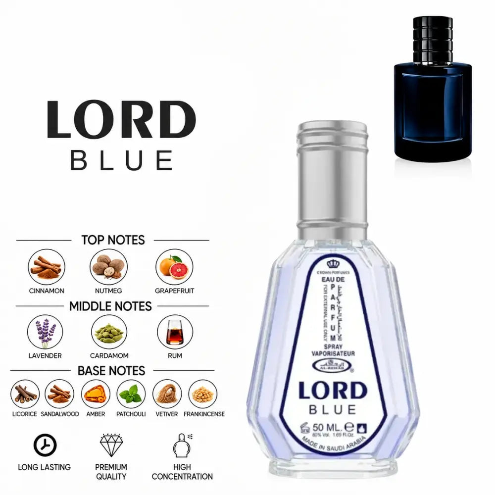 Lord Blue Perfume by ALREHAB with Cinnamon, Grapefruit, Lavender, Cardamom, Sandalwood and Amber Notes