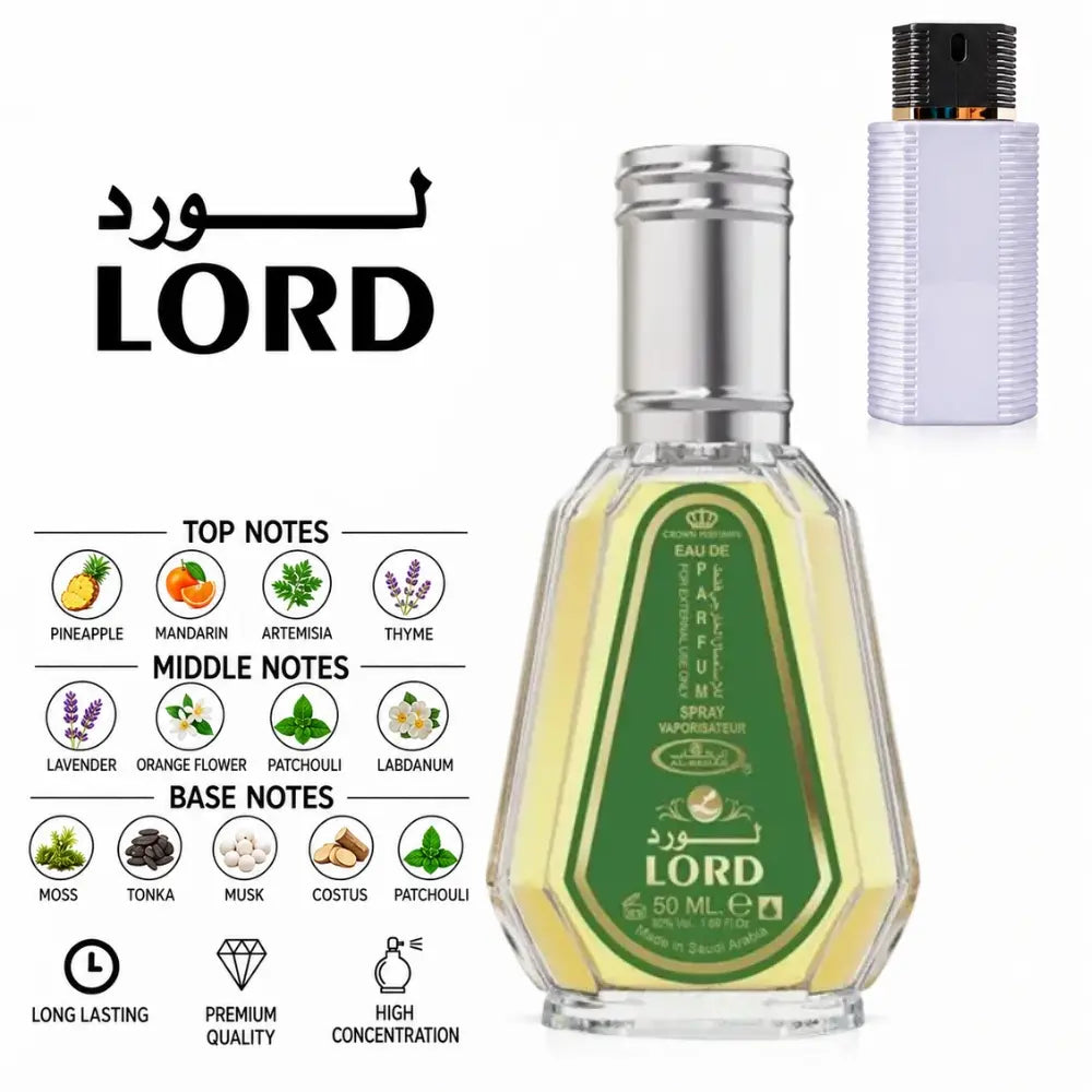 Lord Perfume by ALREHAB with Pineapple, Mandarin, Lavender, Orange Blossom, Patchouli, Tonka, Musk and Moss Notes