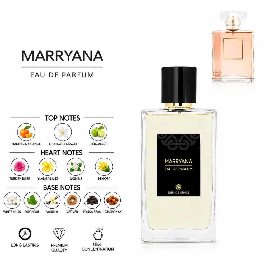 Marryana Eau de Parfum by ESSENCE ETHICS with Mandarin Orange, Orange Blossom, Bergamot, Turkish Rose, Ylang-Ylang, Jasmine, Mimosa, White Musk, Patchouli, Vanilla, Vetiver, Tonka Bean and Opoponax
