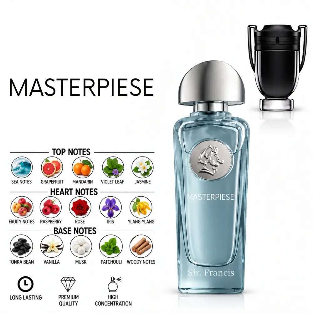 MasterpiesePerfume bottle by Sir Francis, featuring a light blue glass bottle with a silver cap and a black cylindrical accessory, alongside scent notes and marketing text on a white background.