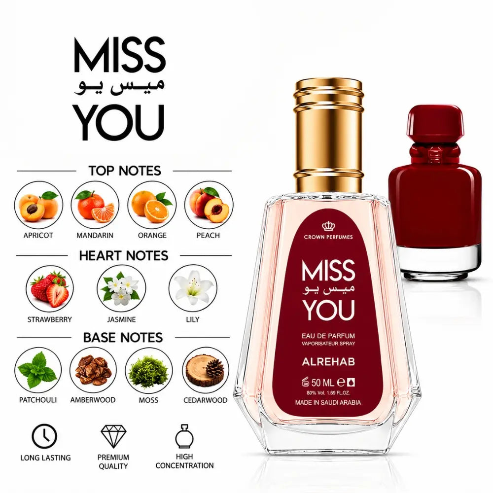 Miss You perfume by ALREHAB with apricot, mandarin, orange, peach, strawberry, jasmine, lily, patchouli, amberwood, moss and cedarwood