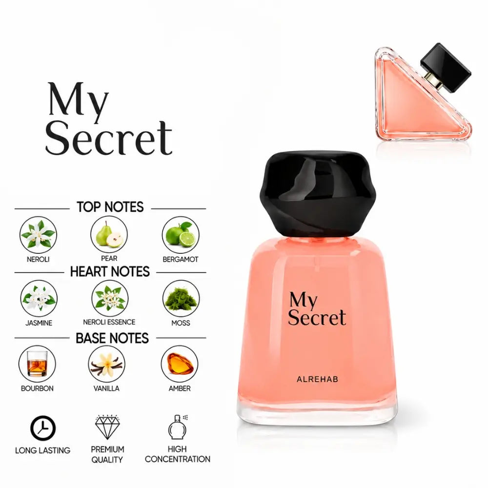 My Secret by ALREHAB with neroli, pear, bergamot, jasmine, moss, bourbon, vanilla and amber