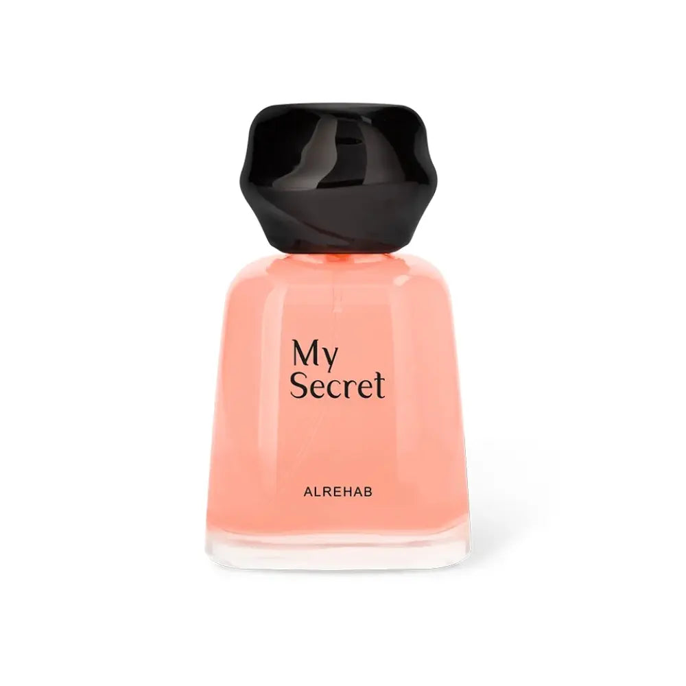 My Secret by ALREHAB pink perfume bottle on white background