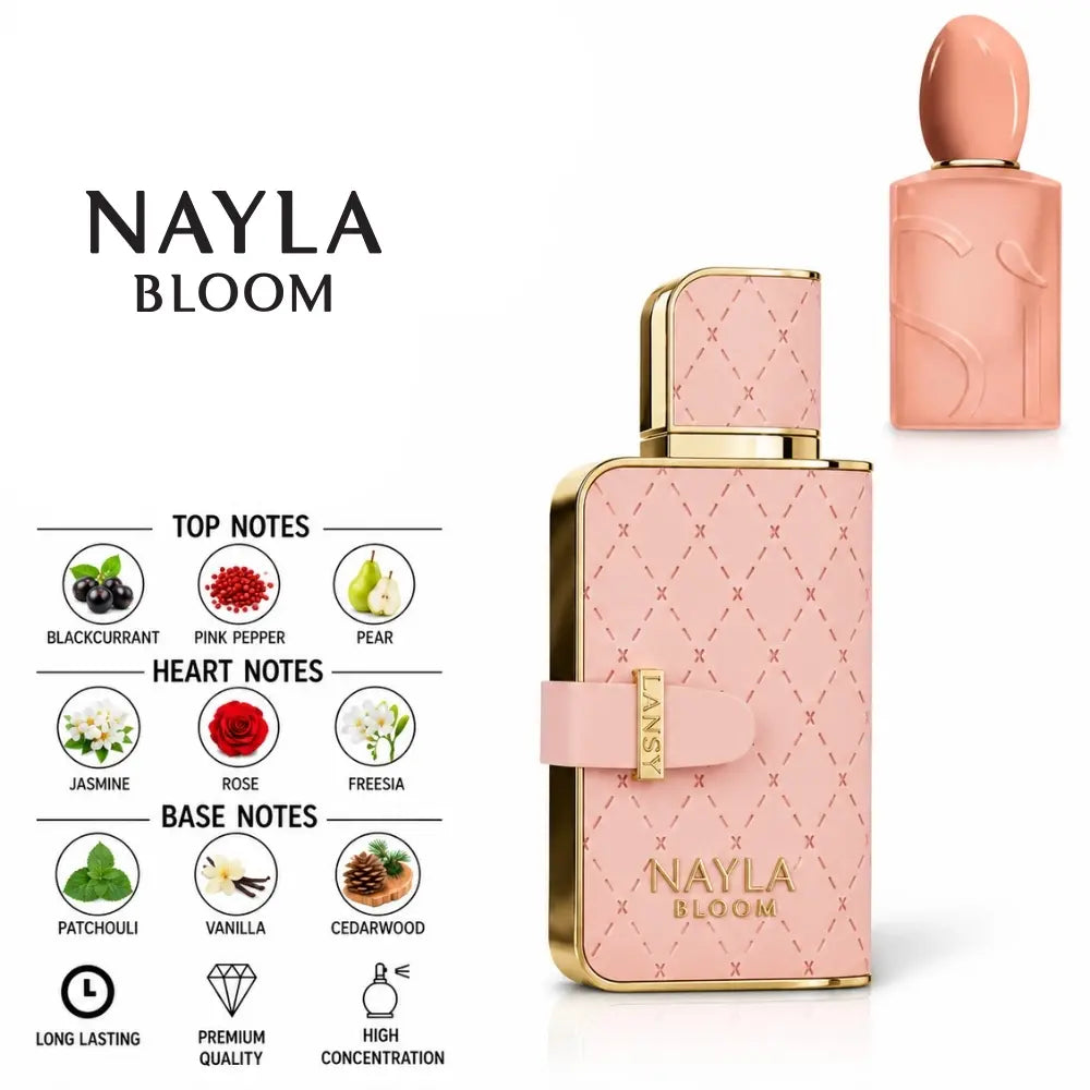 Nayla Bloom by LANSY with Blackcurrant, Pink Pepper, Pear, Jasmine, Rose, Freesia, Patchouli, Vanilla and Cedarwood Notes