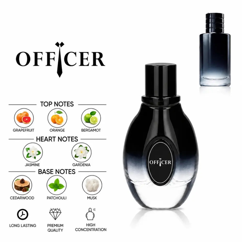 Officer men’s perfume with citrus, jasmine, cedarwood, patchouli and musk
