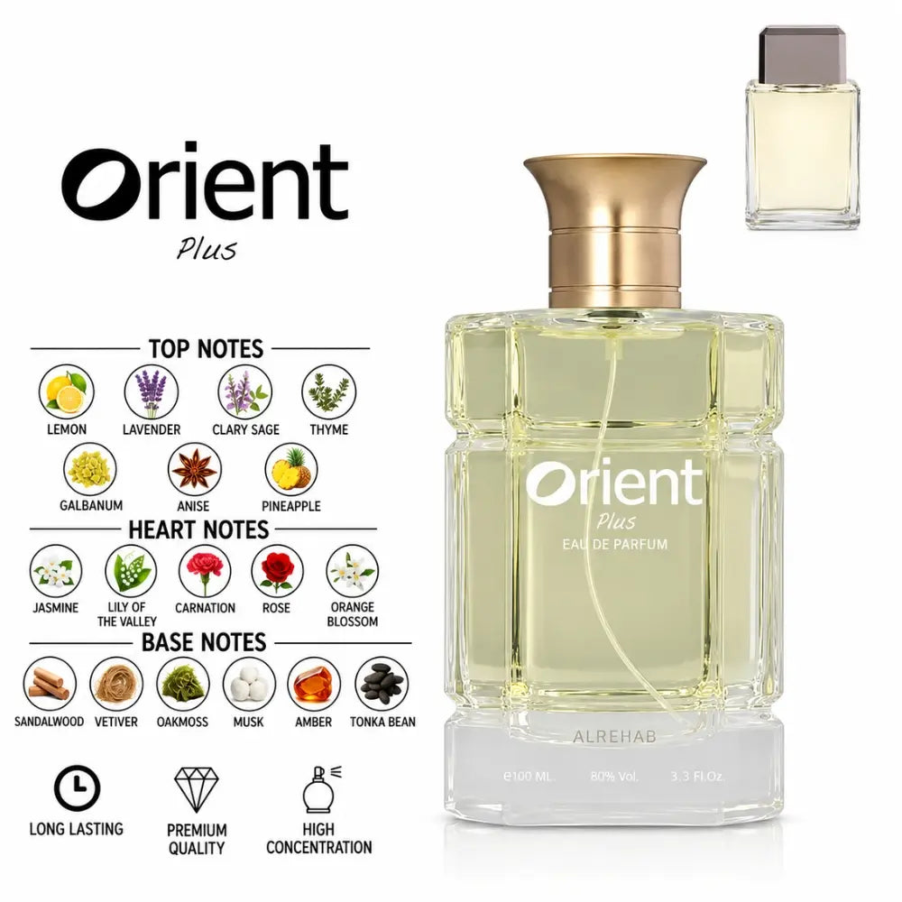 Orient Plus Perfume by ALREHAB with Lemon, Lavender, Pineapple, Jasmine, Rose, Sandalwood, Vetiver, Amber and Tonka Bean Notes