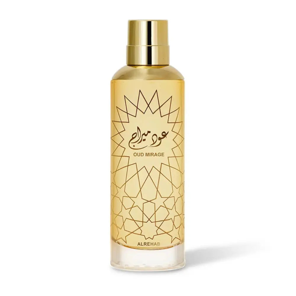 Oud Mirage perfume by ALREHAB in a gold cylindrical bottle on white background