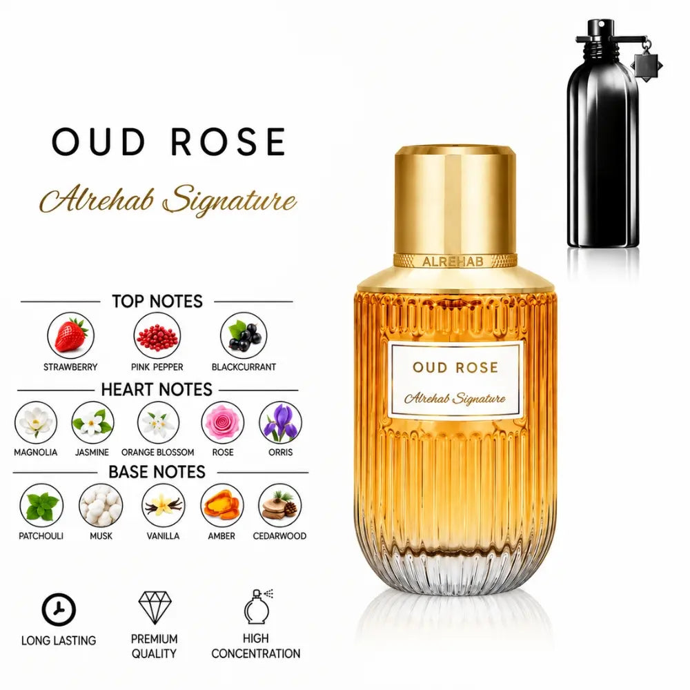 Oud Rose AlRehab Signature Perfume with Strawberry, Rose, Jasmine, Vanilla, Amber and Cedarwood Notes