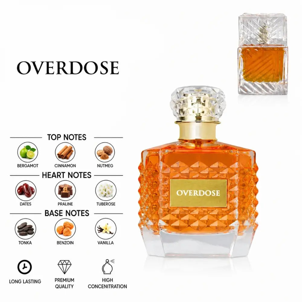 Overdose Perfume by ALREHAB with Bergamot, Cinnamon, Dates, Praline, Tuberose, Tonka, Benzoin and Vanilla Notes