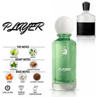 Player fragrance bottle in translucent green glass with a white spherical cap, shown beside a smaller black-and-clear bottle. The main bottle has the word PLAYER printed on it.