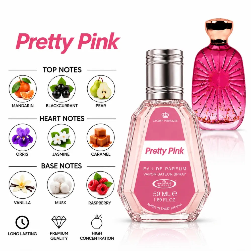 Pretty Pink perfume by ALREHAB with mandarin, blackcurrant, pear, orris, jasmine, caramel, vanilla, musk and raspberry notes