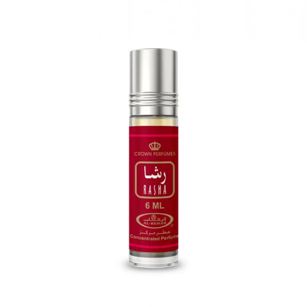 Rasha 6 ml concentrated perfume oil by ALREHAB in a red roll-on bottle.