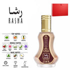 Rasha Perfume by ALREHAB with Green Notes, Peach, Pineapple, Karo Karounde, Reseda, Rose, Jasmine, Muguet, Orris, Patchouli, Cedar and Vanilla Notes