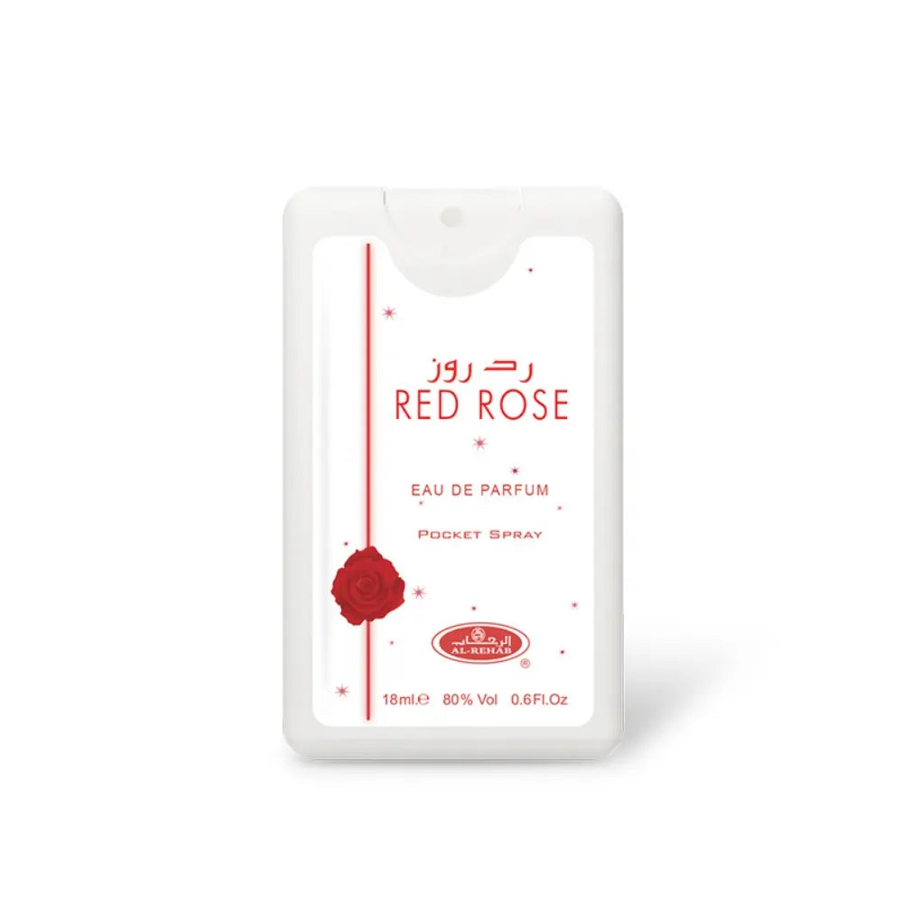 Red Rose 18 ml Eau de Parfum pocket spray by ALREHAB in a compact white bottle.