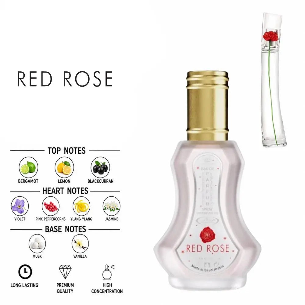 Red Rose Perfume by ALREHAB with bergamot, lemon, blackcurrant, floral, musk and vanilla fragrance notes.