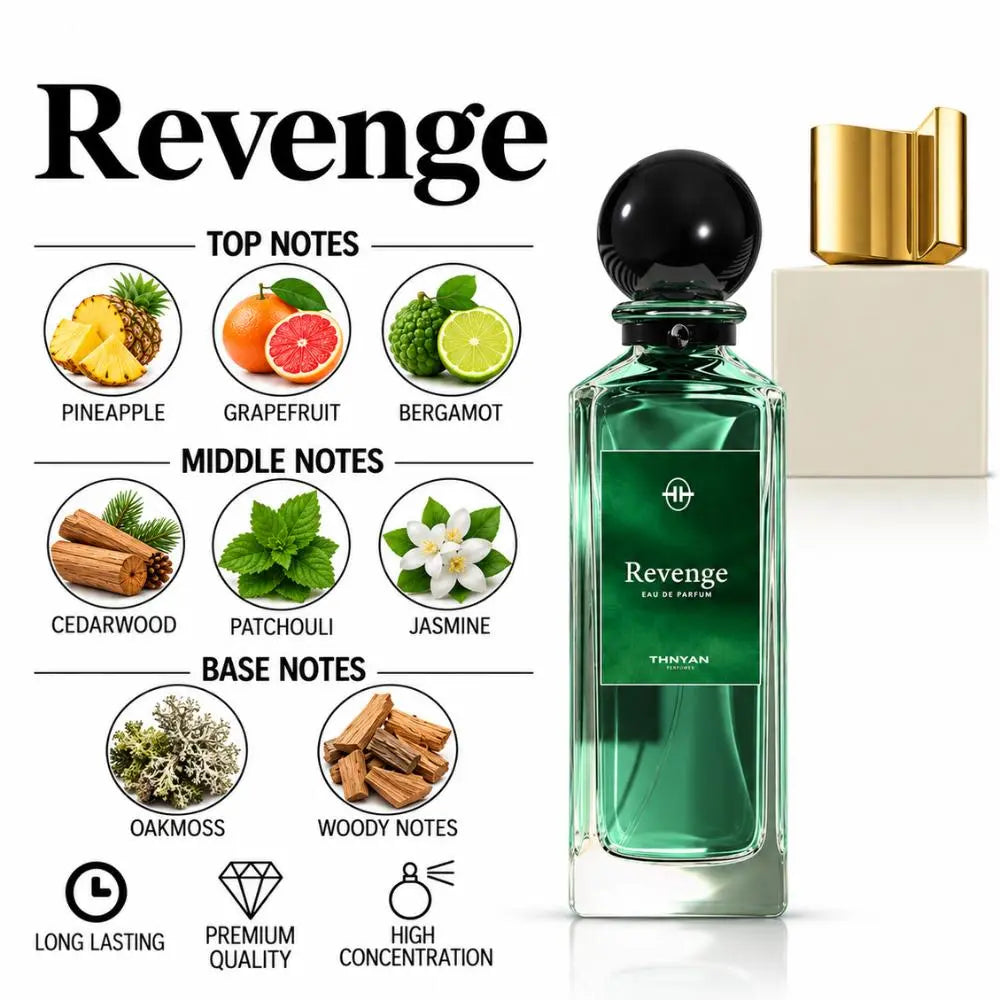 Revenge perfume bottle with a fragrance notes