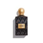 Perfume bottle labeled 'Sapphire Leather' with a gold cap on a white background