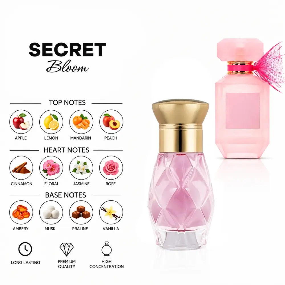 Secret Bloom perfume with apple, lemon, mandarin, peach, floral, jasmine, rose, praline, musk and vanilla notes