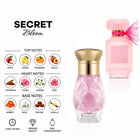 Secret Bloom perfume with apple, lemon, mandarin, peach, floral, jasmine, rose, praline, musk and vanilla notes