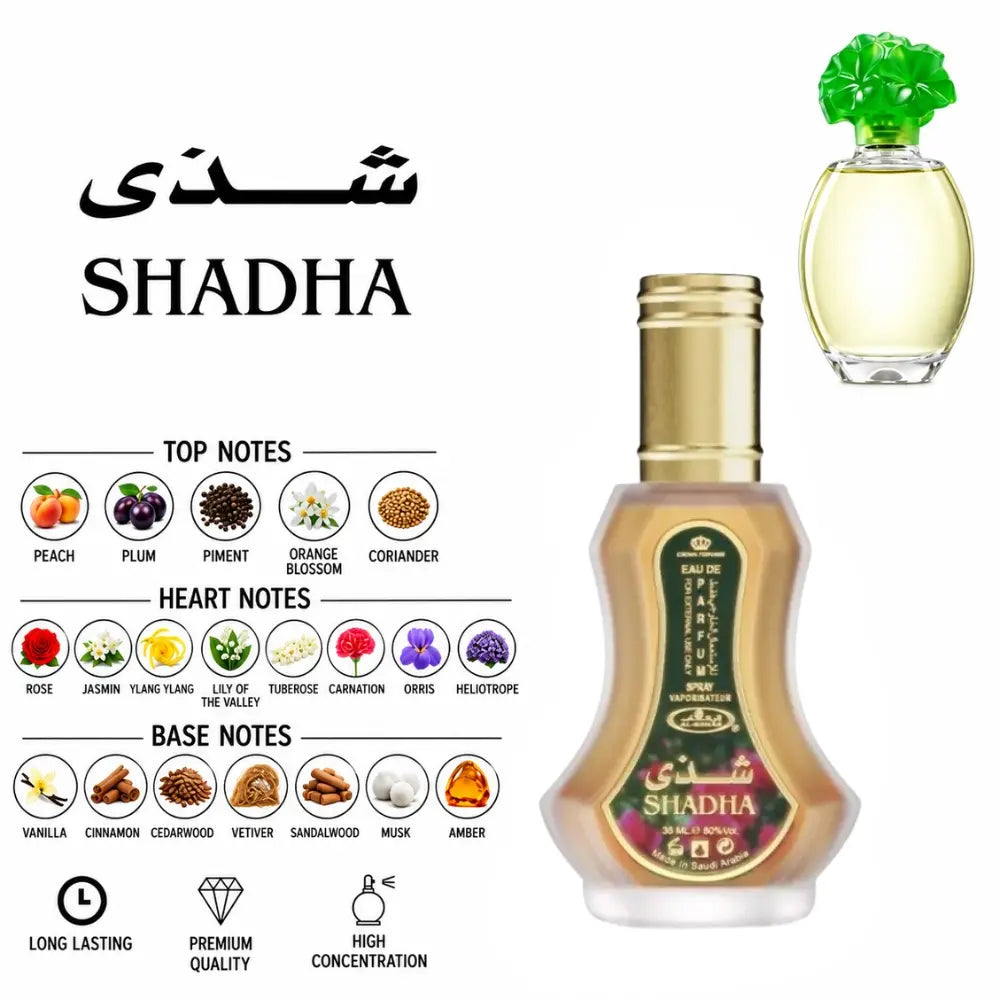 Shadha Perfume by ALREHAB with Peach, Plum, Piment, Orange Blossom, Coriander, Rose, Jasmine, Ylang-Ylang, Lily of the Valley, Tuberose, Carnation, Orris, Heliotrope, Vanilla, Cinnamon, Cedarwood, Vetiver, Sandalwood, Musk and Amber Notes