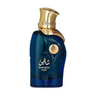 Shaheen Oud perfume by ALREHAB in deep blue and gold bottle on white background