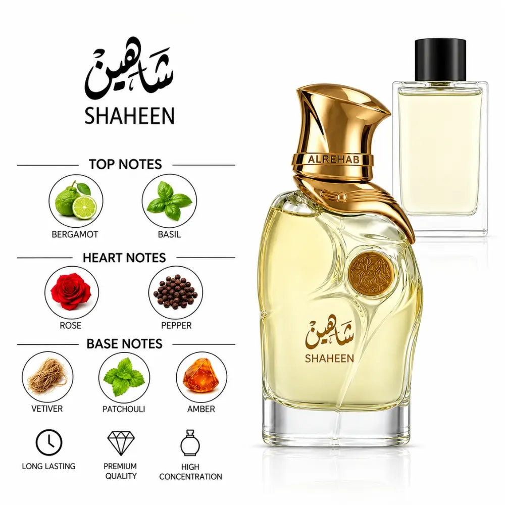 Shaheen perfume with bergamot, basil, rose, pepper, vetiver, patchouli and amber notes
