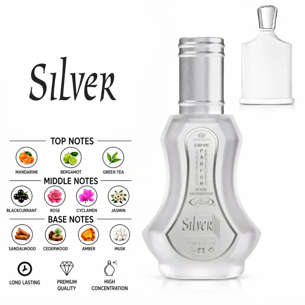 Silver Perfume by ALREHAB with Mandarin, Bergamot, Green Tea, Rose, Jasmine, Sandalwood, Amber and Musk Notes