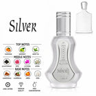 Silver Perfume by ALREHAB with Mandarin, Bergamot, Green Tea, Rose, Jasmine, Sandalwood, Amber and Musk Notes