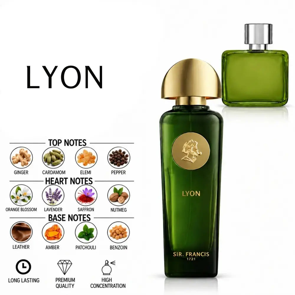 Sir Francis Lyon perfume bottle in dark green glass with a gold cap and gold crest, shown alongside a smaller matching green bottle. The image includes a notes chart with ginger, cardamom, eliam, pepper, lavender, saffron, nutmeg, leather, amber, patchouli, and benzoin, labeled top notes, heart notes, and base notes.