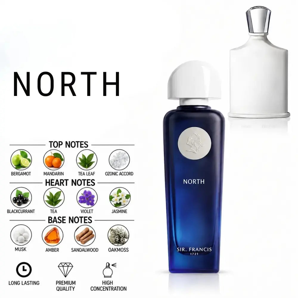 A bottle of Sir Francis North fragrance shown on a white background, alongside a white bottle cap and a detailed notes graphic. The main bottle is deep blue with a white cap and a silver circular emblem.