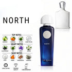 A bottle of Sir Francis North fragrance shown on a white background, alongside a white bottle cap and a detailed notes graphic. The main bottle is deep blue with a white cap and a silver circular emblem.