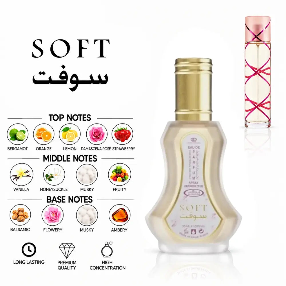 Soft Perfume by ALREHAB with Bergamot, Orange, Lemon, Damask Rose, Strawberry, Vanilla, Honeysuckle, Musk, Balsamic and Amber Notes