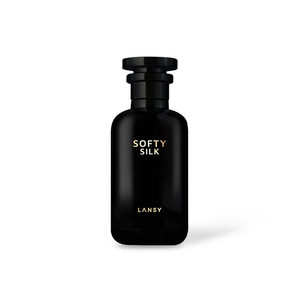 Softy Silk perfume bottle by LANSY in glossy black on white background
