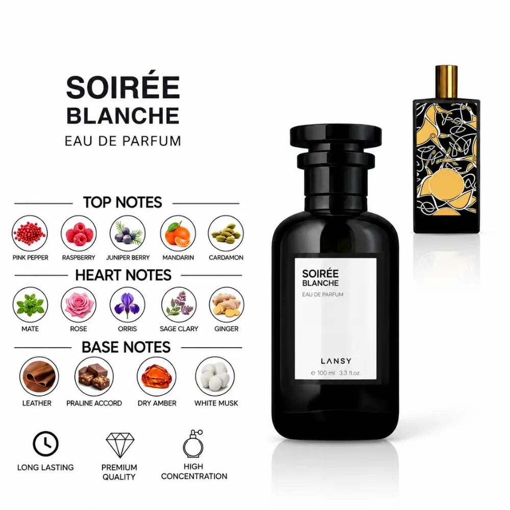 Soirée Blanche Eau de Parfum by LANSY with Pink Pepper, Raspberry, Juniper Berry, Mandarin, Cardamom, Rose, Orris, Leather and Praline Notes