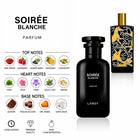 Soirée Blanche Parfum by LANSY with Pink Pepper, Raspberry, Juniper Berry, Mandarin, Cardamom, Mate, Rose, Orris, Clary Sage, Ginger, Leather, Praline, Dry Amber and White Musk Notes
