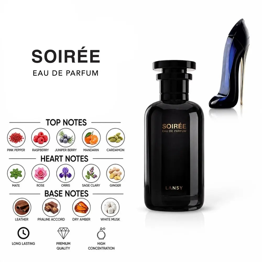 Soirée Eau de Parfum by LANSY with Pink Pepper, Raspberry, Juniper Berry, Mandarin, Cardamom, Rose, Orris, Ginger, Leather, Praline, Dry Amber and White Musk Notes