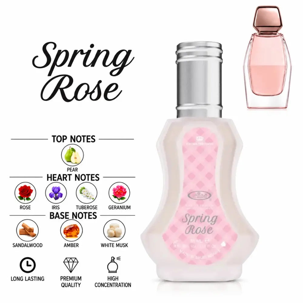 Spring Rose Perfume by ALREHAB with Pear, Rose, Iris, Tuberose, Geranium, Sandalwood, Amber and White Musk Notes
