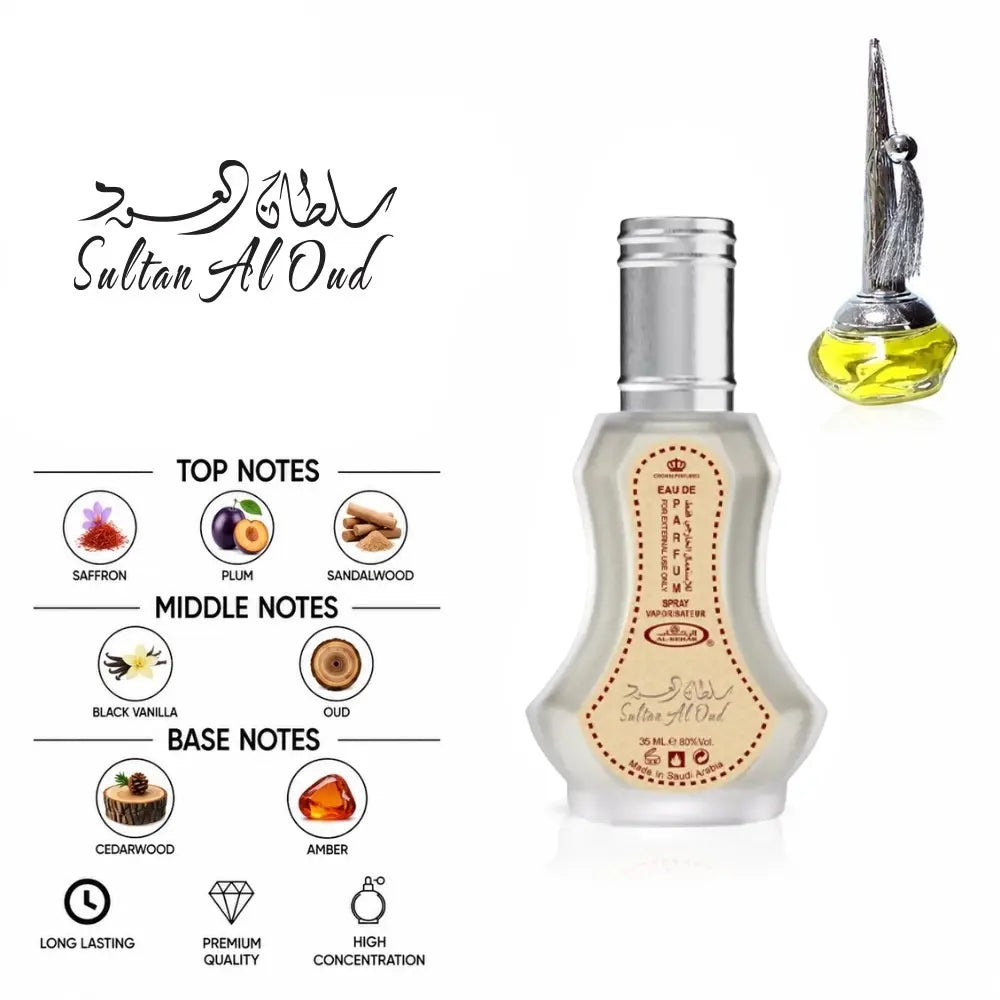 Sultan Al Oud Perfume by ALREHAB with Saffron, Plum, Sandalwood, Black Vanilla, Oud, Cedarwood and Amber Notes
