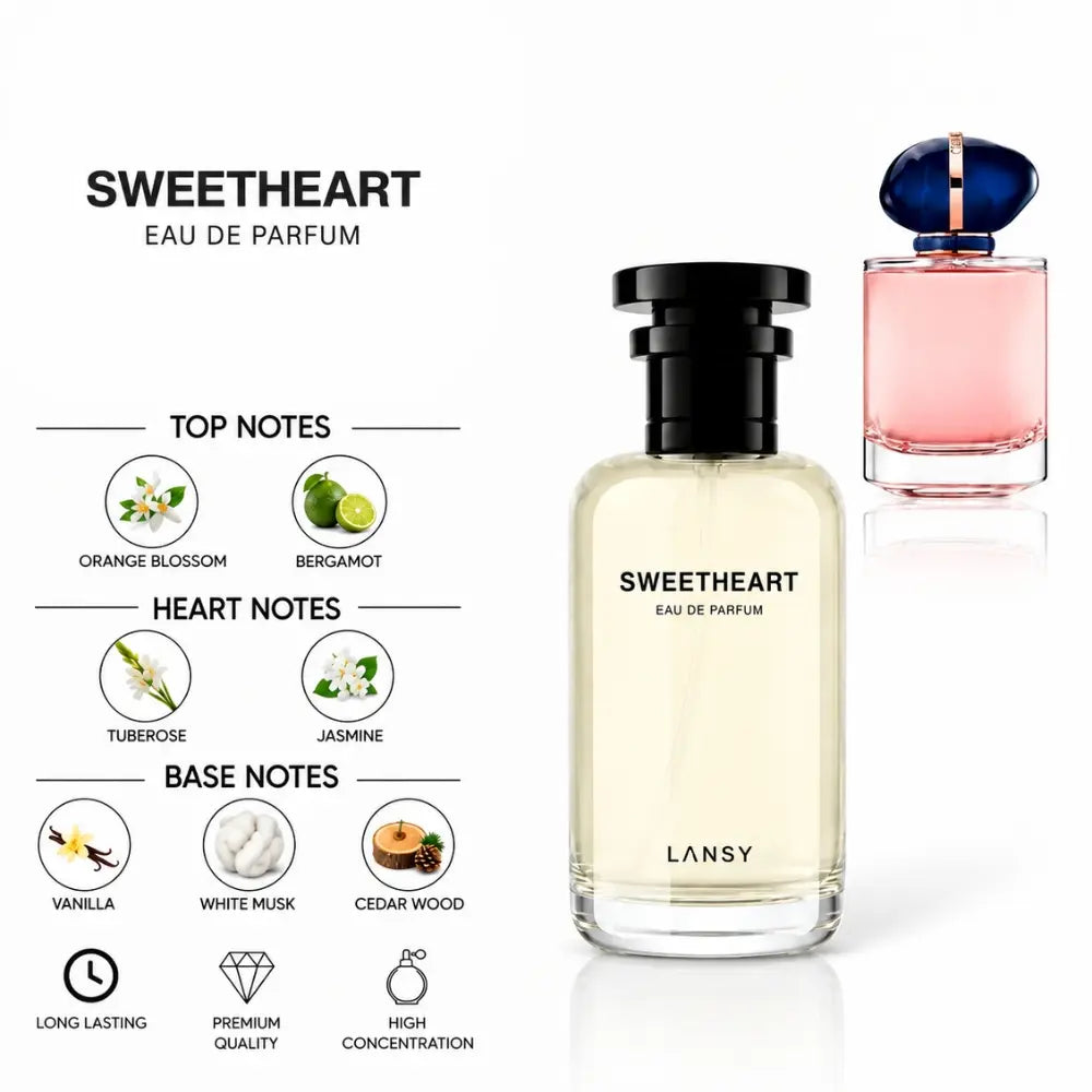 Sweetheart Eau de Parfum by LANSY with Orange Blossom, Bergamot, Tuberose, Jasmine, Vanilla, White Musk and Cedarwood