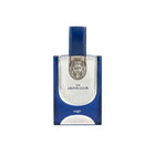 A blue and silver rectangular perfume bottle with a leather-like blue top handle, featuring a lion head emblem and the text 'THE LION'S CLUB' and 'rugir' on a plain white background.