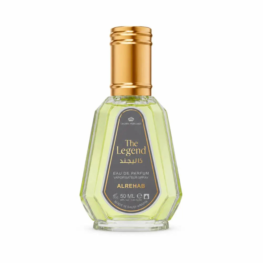 A 50 mL bottle of Alrehab 'The Legend' Eau de Parfum, featuring a faceted clear glass bottle filled with pale yellow-green liquid, a metallic gold cap, and a dark gray label with gold lettering.