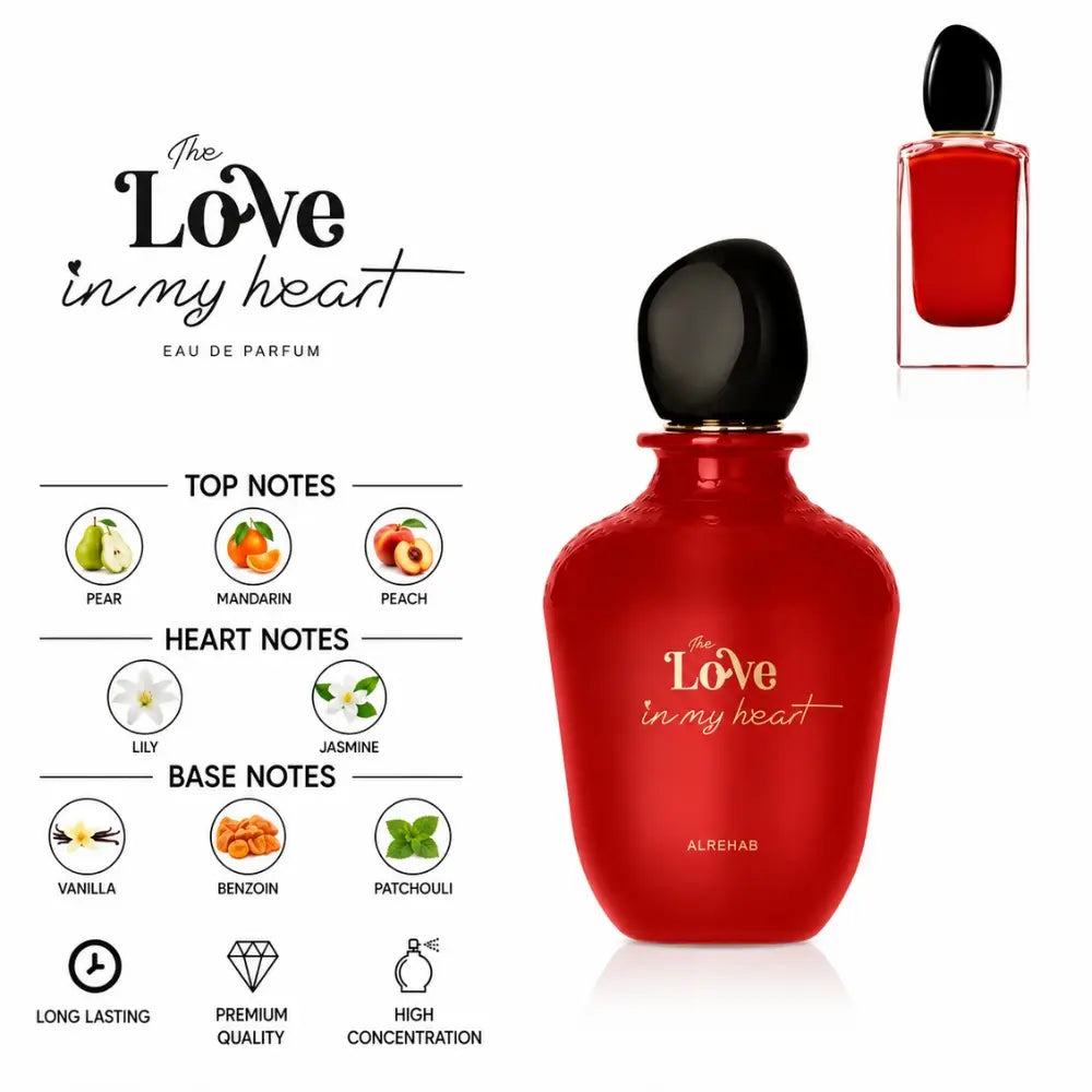 The Love in My Heart Perfume by ALREHAB with Pear, Mandarin, Peach, Jasmine, Vanilla, Benzoin and Patchouli Notes